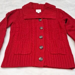 Red Cable Knit Chunky Woman's‎ Sweater Small Fishermancore Wide Collar